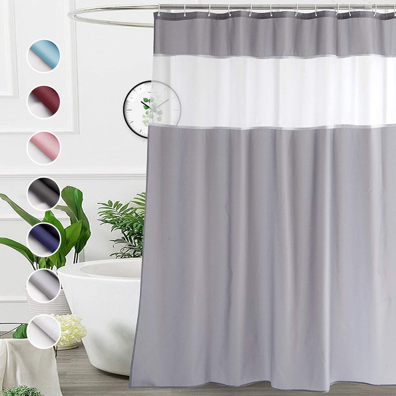 UFRIDAY Extra Long Shower Curtain 84 inch,Light Grey and White Fabric Polyester Bathroom Curtain Liner with Mesh Filtering Window and Weighted Bottom Hem, Machine Washable, 72 x 84 Inches - Image 1